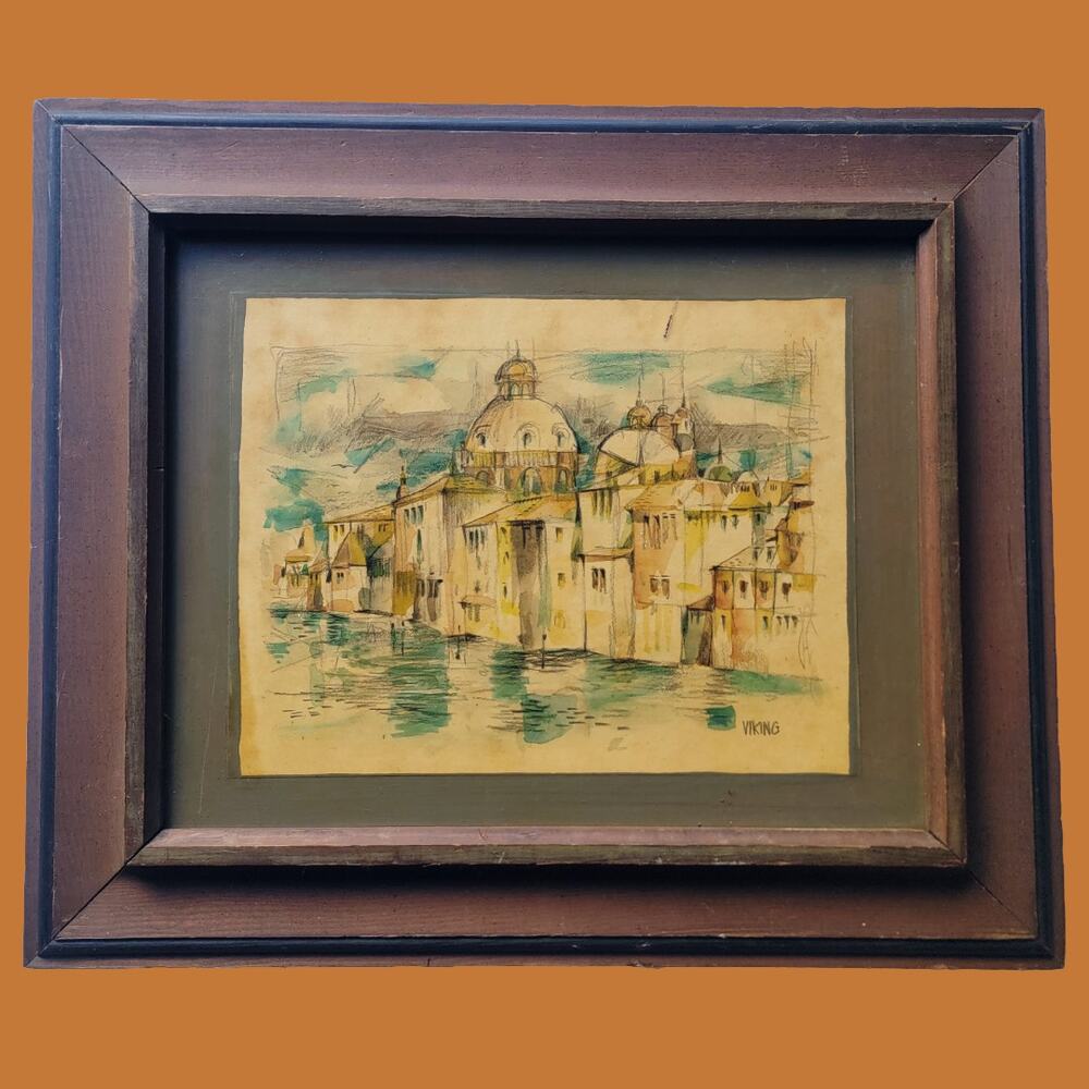 Vintage 1950s Pencil and Watercolor Sketch Santa Maria del la Salute of Venice